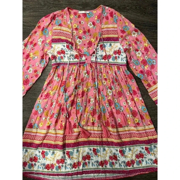 Floral‎ Mini Boho Flowy Dress With Tassels Size M - Picture 2 of 6
